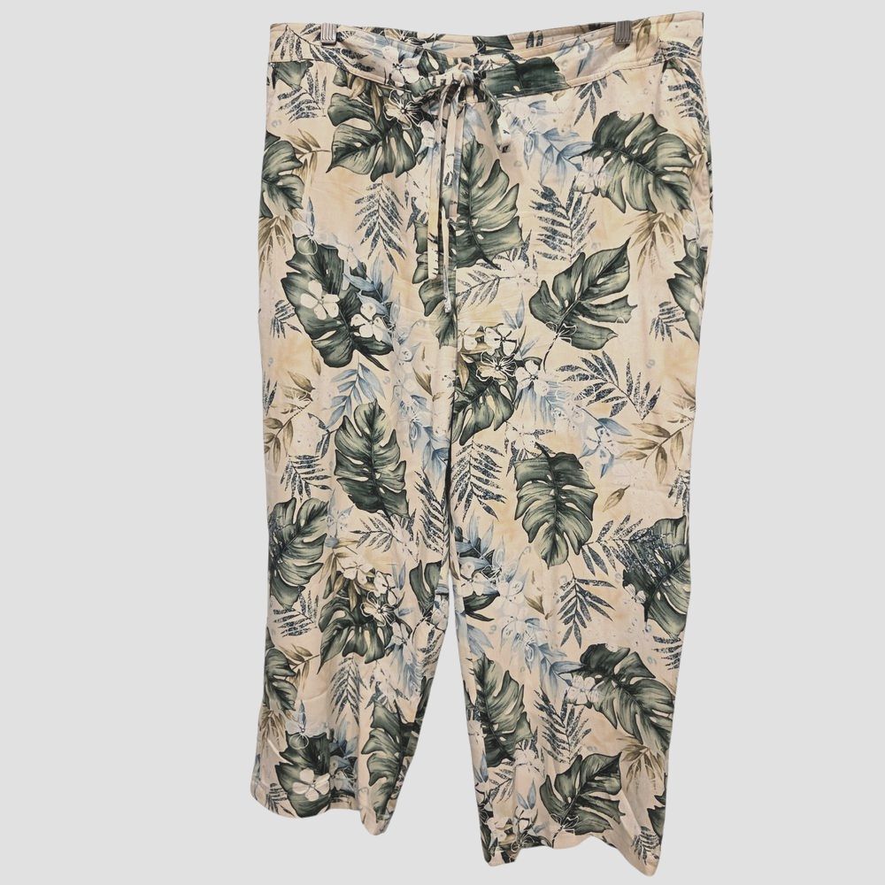 August Silk Lifestyle Silk Tropical Print Tie Front Pant Wide Leg Cropped 16
